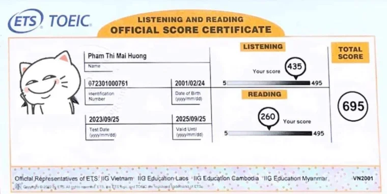 Phiếu điểm của Mai Hương - TDT